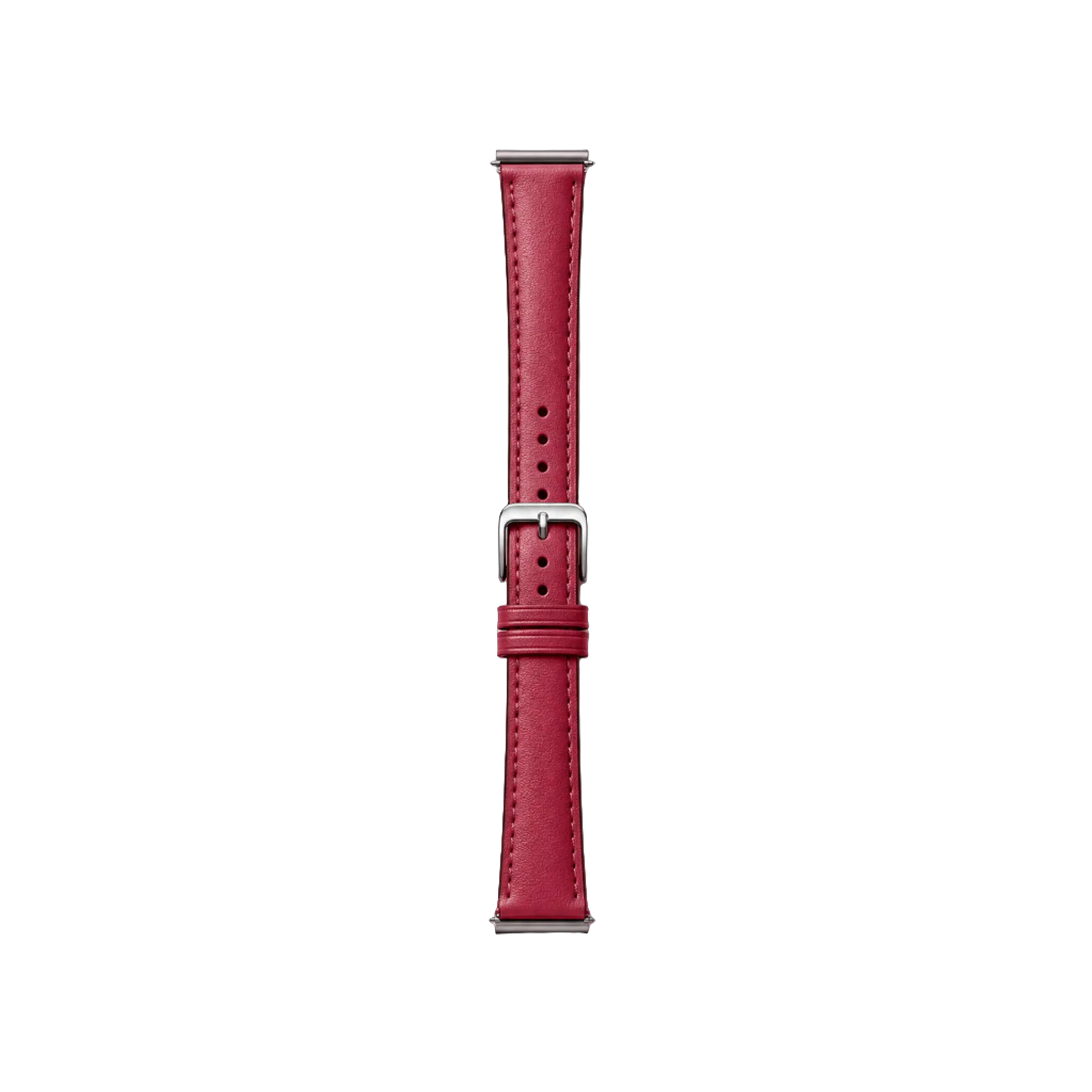 A slim leather watch strap with a polished buckle